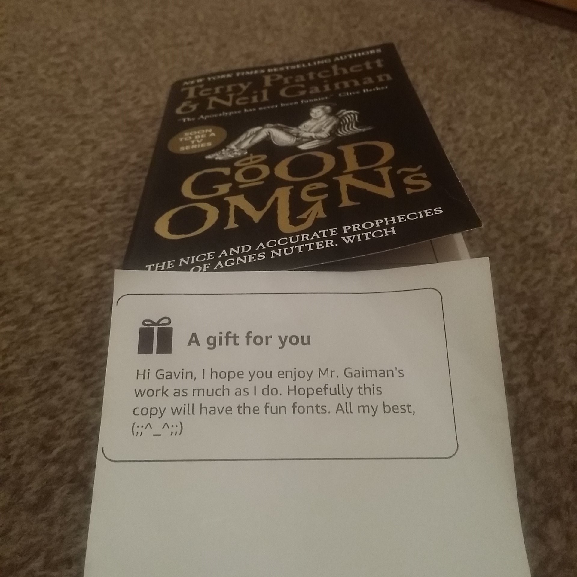 Picture of Good Omens with a personalised gift note